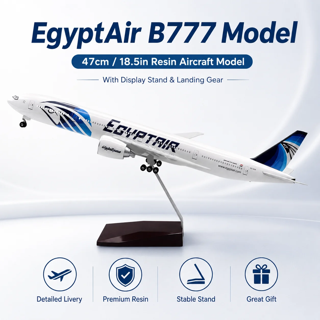 EgyptAir B777 Passenger Jet 47 cm Die-Cast Resin Aircraft Model 18.5 inches with Stand and Landing Gear Model Display Piece