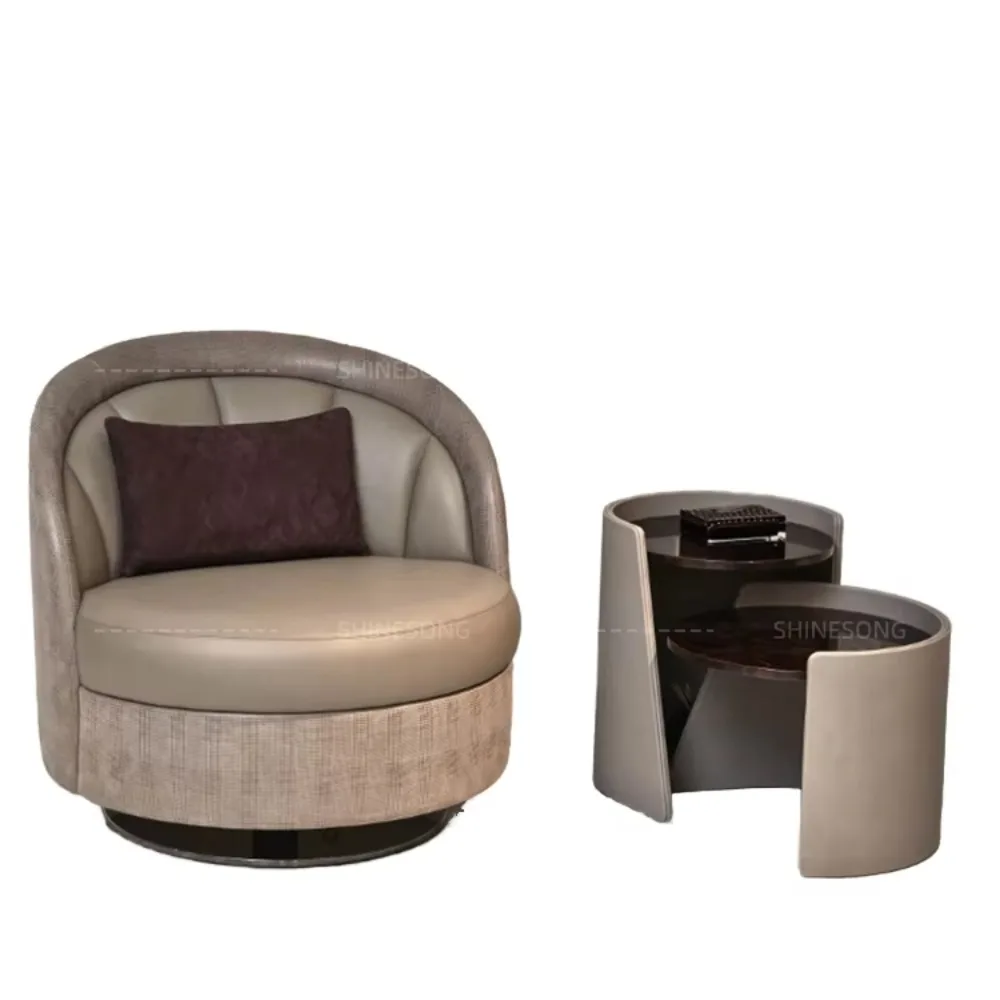 

Modern Beige Leather Revolving Chair One-Seater Circular Furniture With Wood Frame And Hardware Base For Living Room