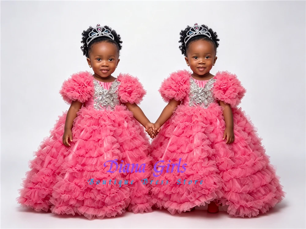 Lovely Pink Layered Flower Girl Dress Tulle Fluffy With Quality Applique For Princess Kids Birthday Party Evening Ball Gowns