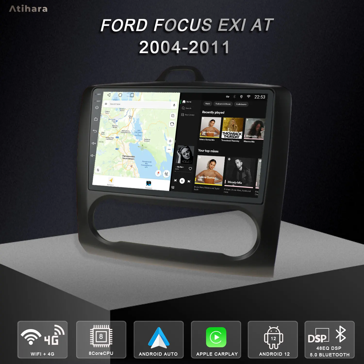 

Atihara 9" Car Radio For Ford Focus Exi AT Mk2/Mk3 2004-2011 Carplay Android Auto, 2Din Multimedia Video Player 4G Wifi, Black