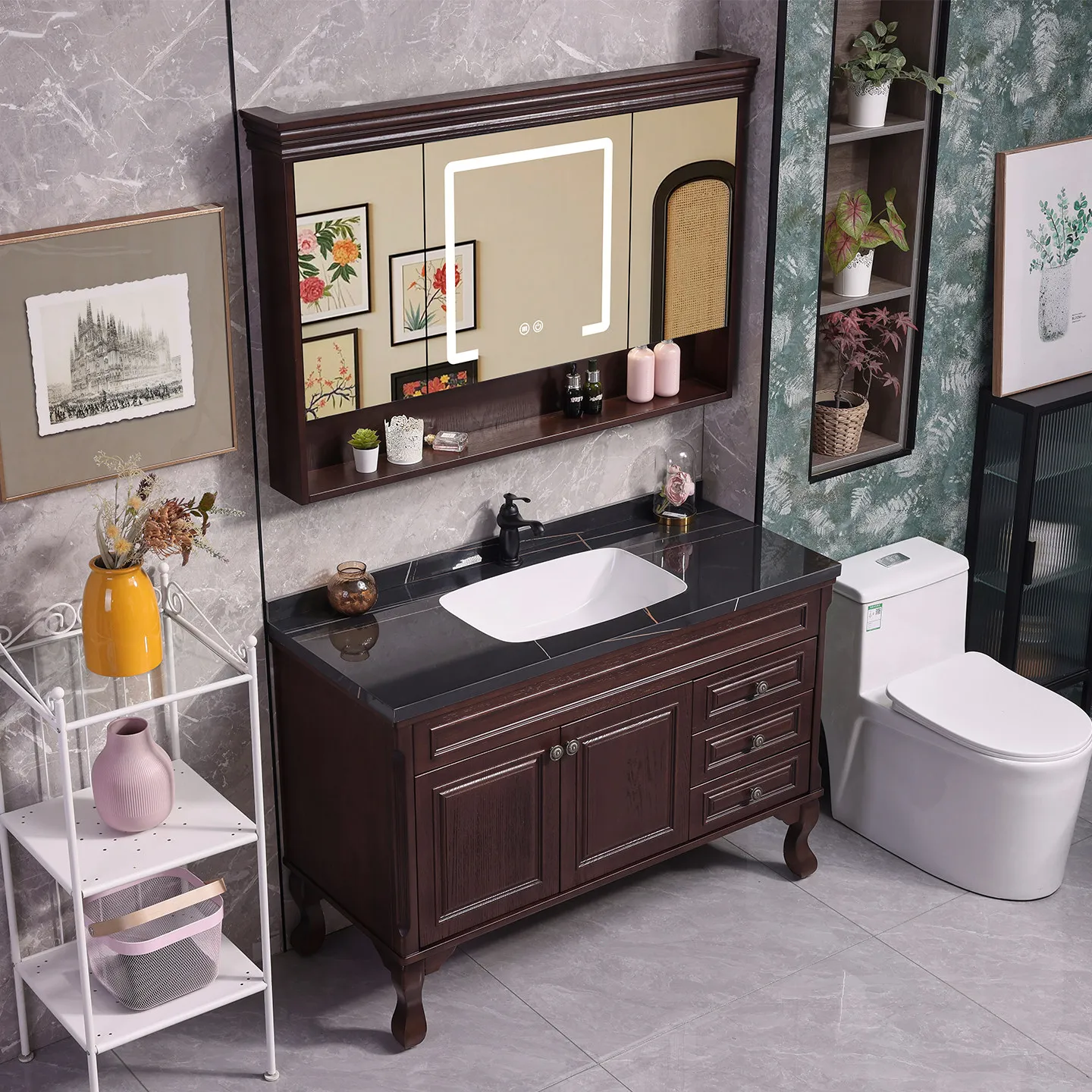 

Red oak bathroom cabinet combination, floor-to-ceiling washstand, rock slab hot-bending ceramic integrated basin