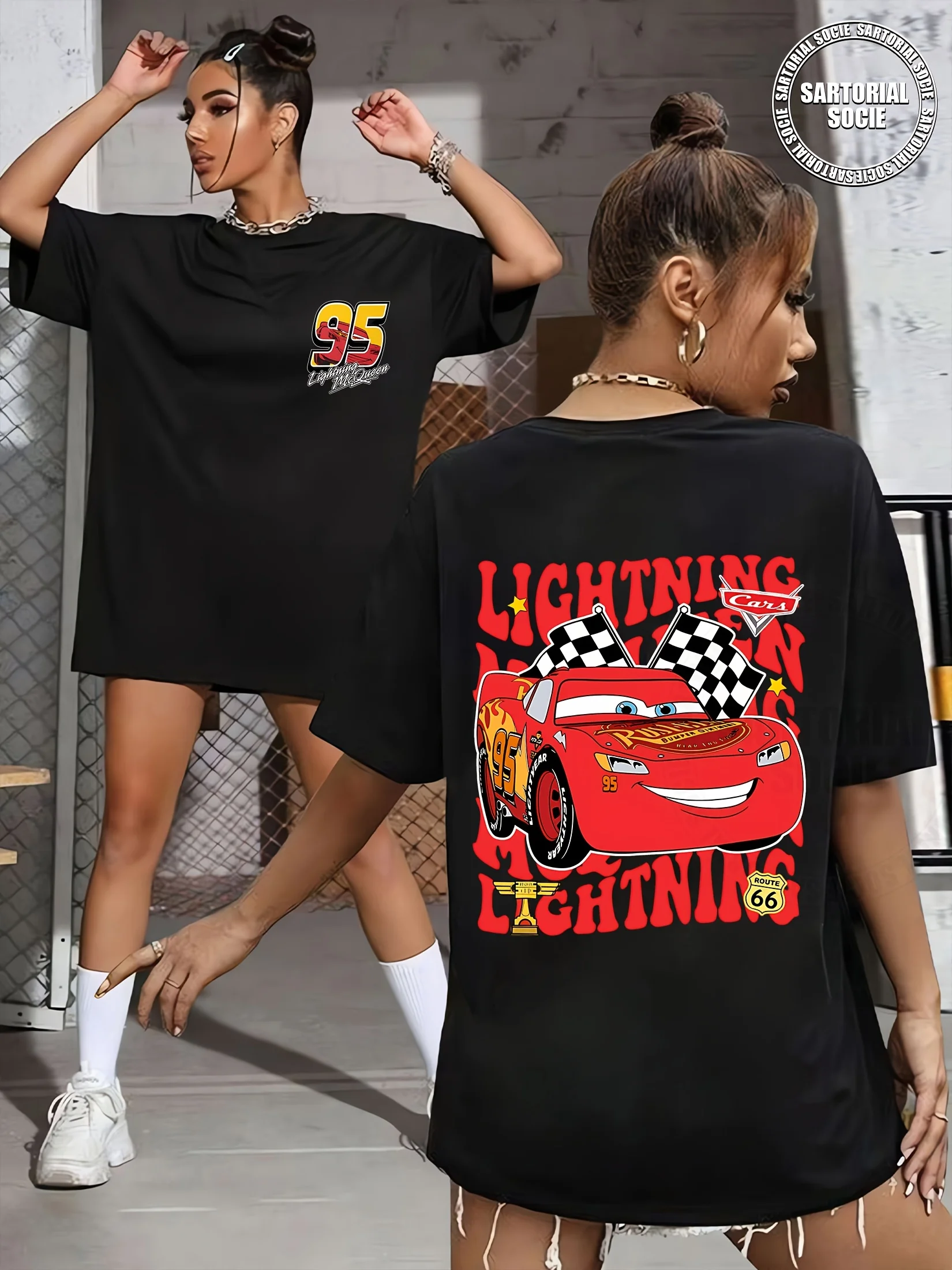 

Женская футболка Disney Pixar Car Lightning McQueen с красным гоночным узором, повседневная футболка с клетчатым флагом и принтом автомобиля McQueen