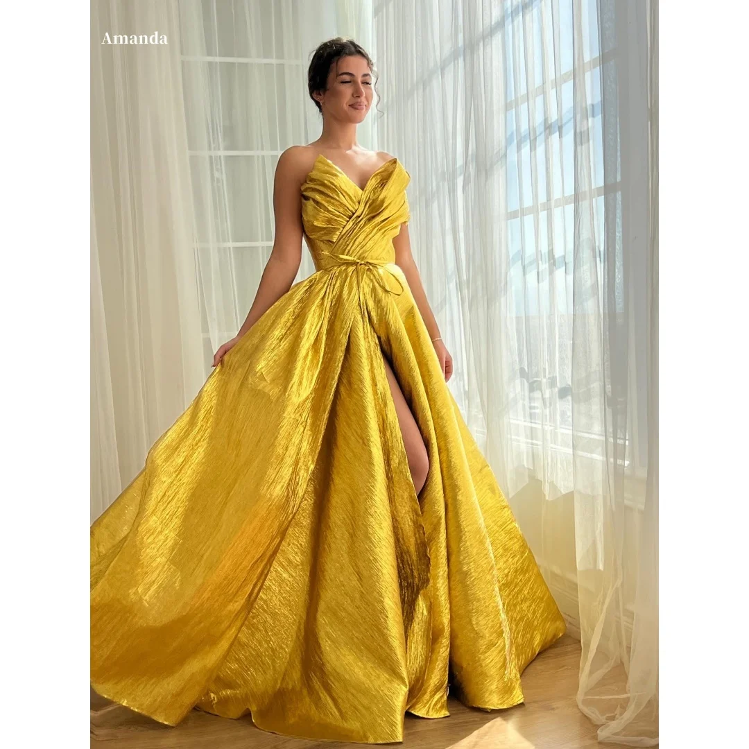 

Amanda Customized Yellow Strapless Backless Prom Dress Sleeveless vestidos de noche Floor-Length A-line Satin Formal Evening