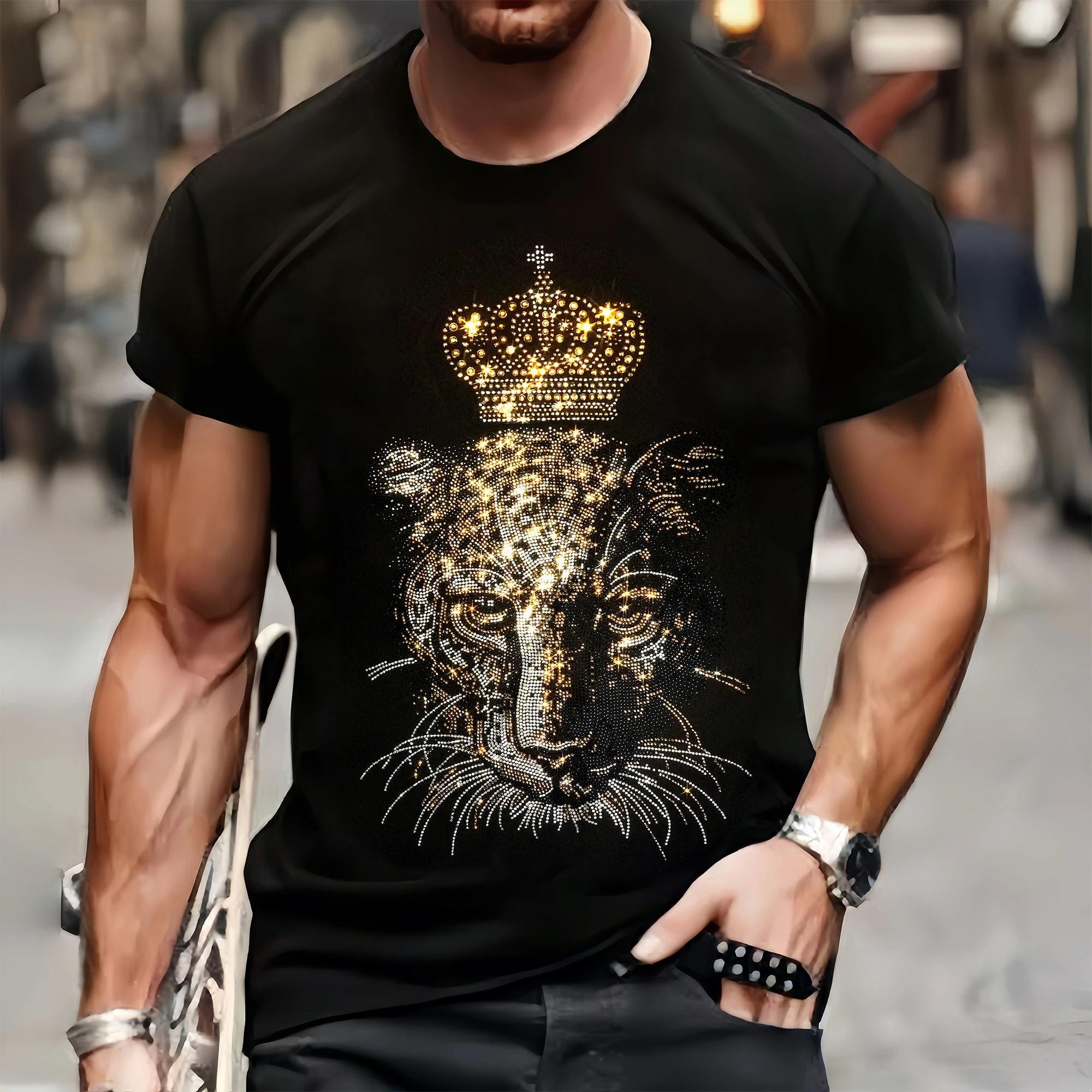 Fashion Mens Quality T-Shirts Spring Casual Street Short Sleeve Clothing Tee Tops O-Neck Leopard Rhinestone Club Tshirt Y2k New