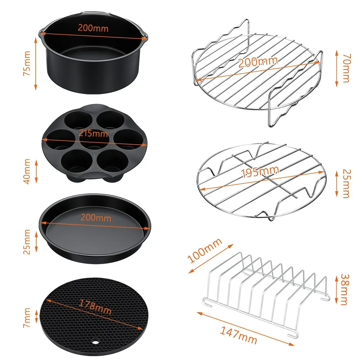 8'' Silicone Deep Fryer Cake Barrel Pizza Pan Home Grill Cooking Tools For 5.2~5.8QT  7-in-1 Deep Fryer Accessories Set