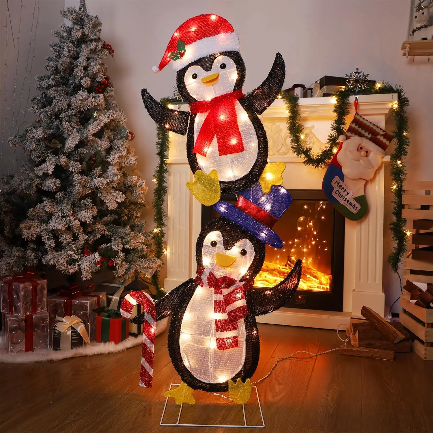 مجموعة من 2 بطاريق بهرج عيد الميلاد المضاء، بطريق مكدس ثنائي الأبعاد مضاء مسبقًا مع أضواء متوهجة، تضيء وتوصيل f #6