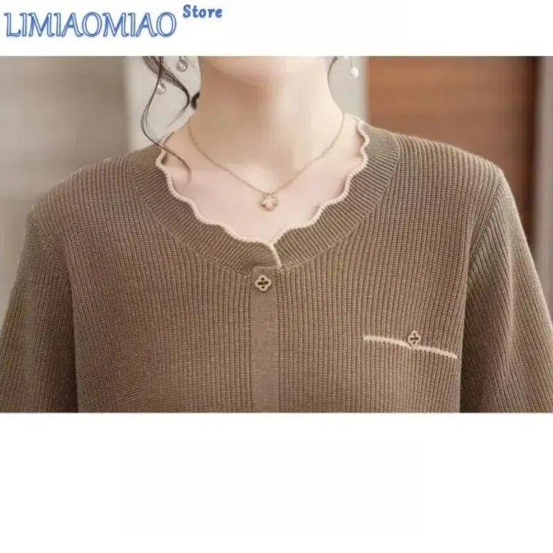 Women's Clothing Autumn Winter Solid Color Pullover Sweater Knitted Screw Thread Long Sleeve Round Neck Rivet Casual Tops
