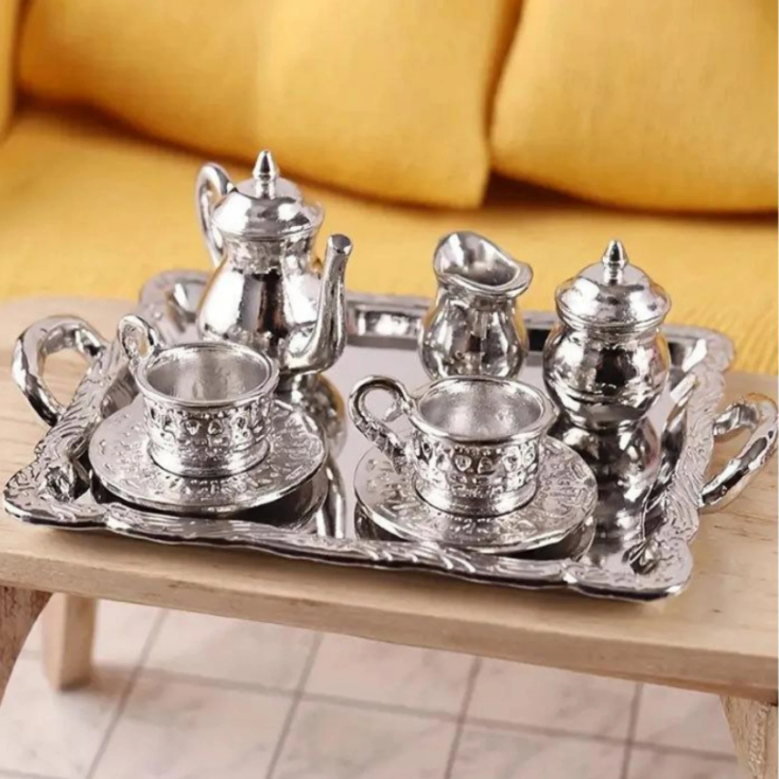 Miniature Tea Set with Tray Decorative Dollhouse Tea Service Toy Reflective Detailed for Collectors, Photography Props
