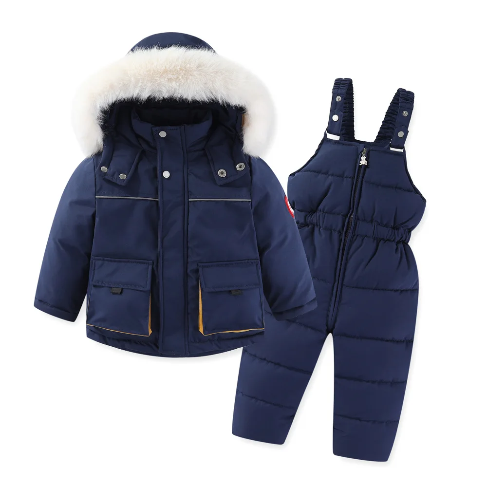 2023 Winter New Cotton Coat Windproof and Waterproof Girl's and Boys's Large Fur Collar Ski Cotton Suit+strap Pants Set