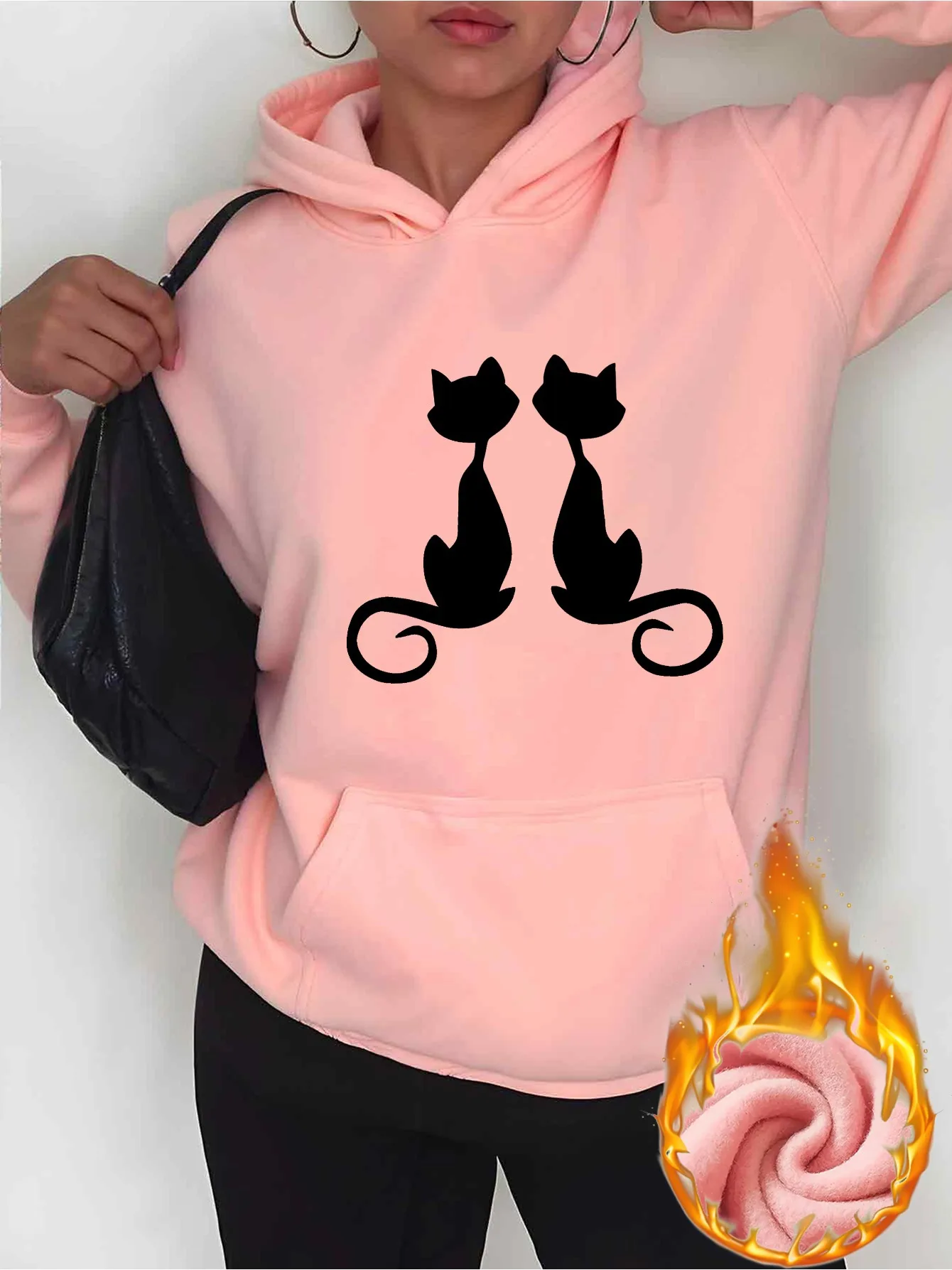 2025 Autumn and Winter Women's Casual Hooded Sweatshirt Double Cat Silhouette Print Long Sleeve Comfortable Hoodie Pattern Cat