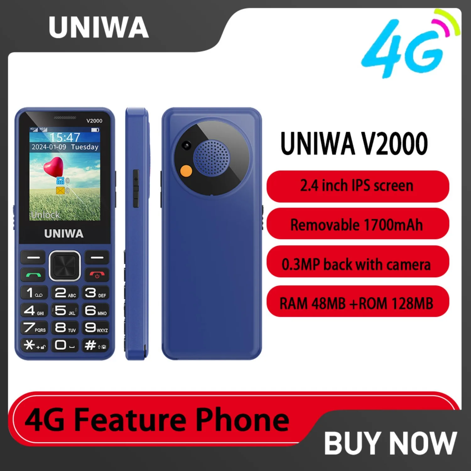 UNIWA V2000 4G لوحة المفاتيح ميزة الهاتف 2.4 "زر كبير بصوت عال مزدوج SlM قابل للإزالة 1700 مللي أمبير تسليط الضوء على الشعلة 0.3MP إصدار الاتحاد الأوروبي والولايات المتحدة الأمريكية