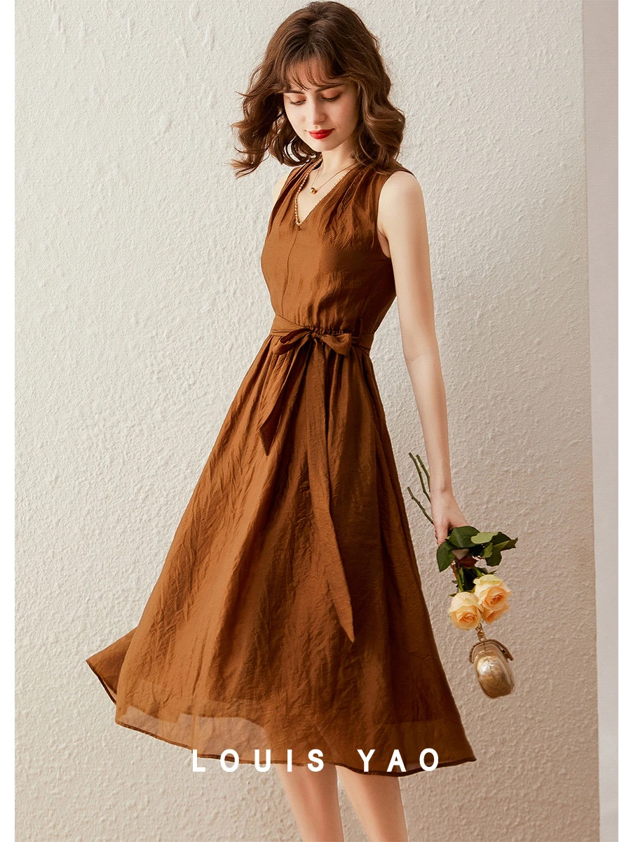 LOUIS YAO Women Dress V Neck Sleeveless 2024 Summer Solid Color Basic Elegant Fashionable Slim Fit Brown Black Long Dress