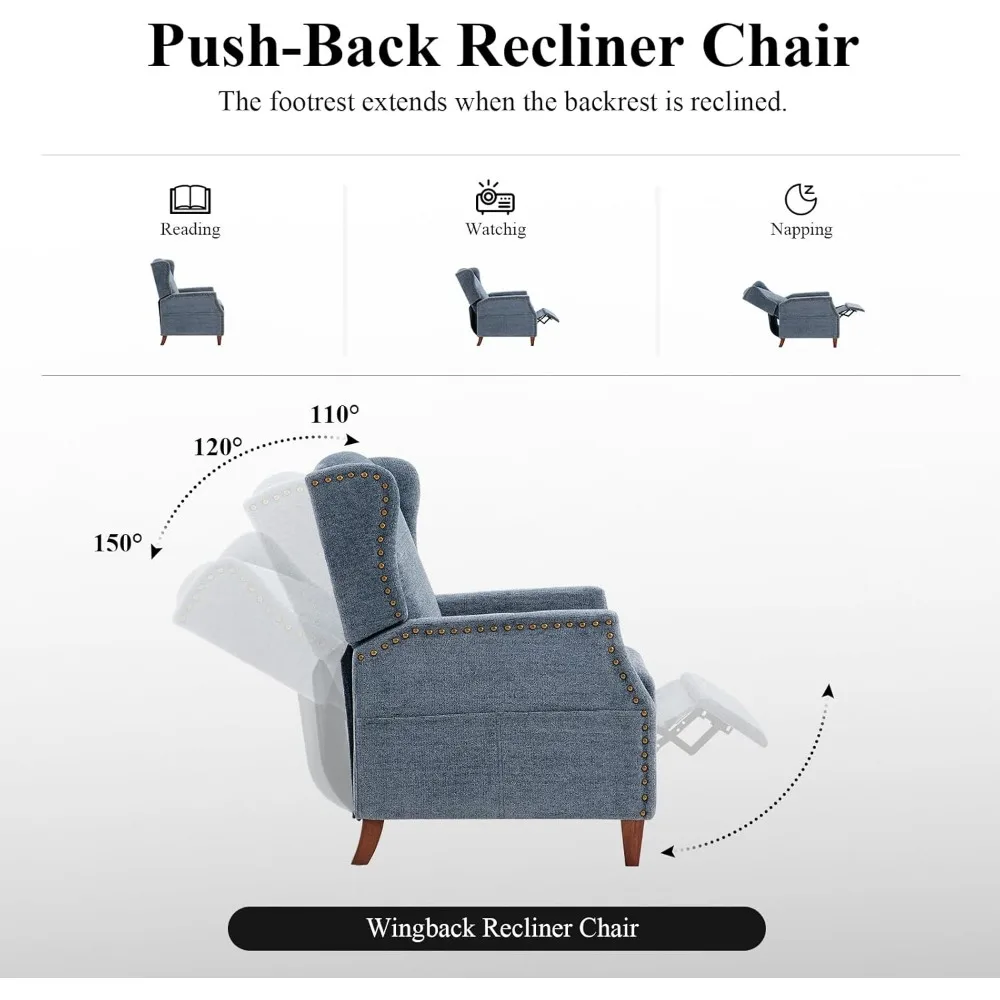 COLAMY Wingback Pushback reclinabile tasca portaoggetti imbottita in tessuto sedia da soggiorno poltrona, con gambe in legno e chiusino