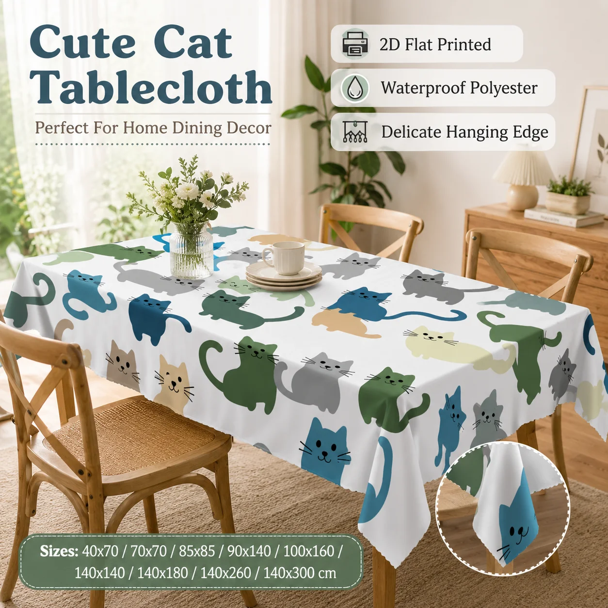 

Cute Cartoon Cat Printed Table Cover Waterproof Polyester 2D Flat Dining Tablecloth For Home Coffee Desk Kitchen Wedding Party