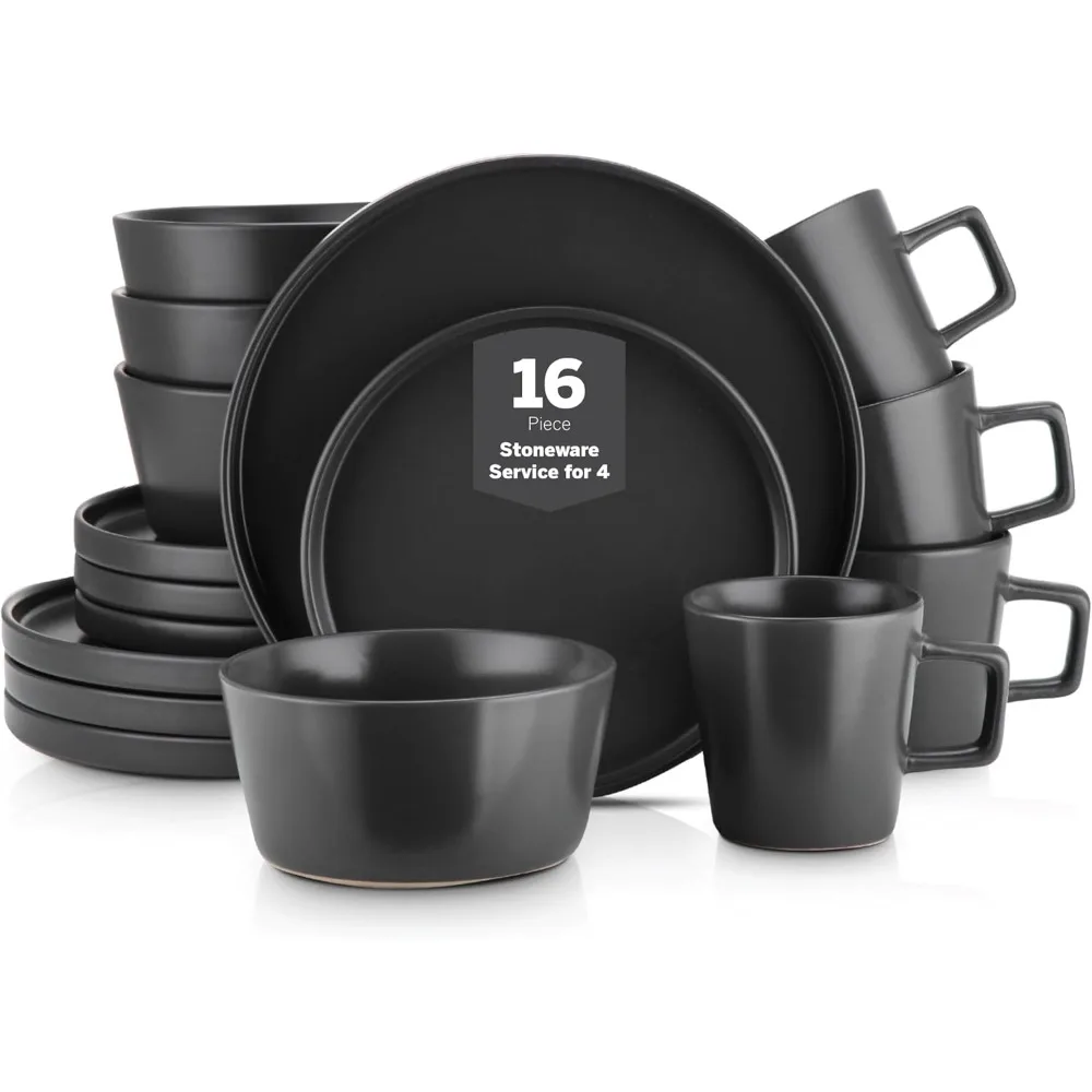 

Stone Lain Celina Stoneware 16 Piece Dinnerware Set, Plates and Bowls, Black Matte Dish, Service for 4 – Minimalist Round Style,