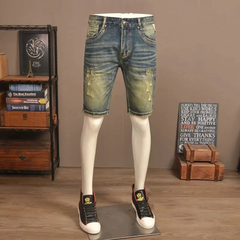 Zomer retro nostalgische gescheurde denim shorts heren trendy merk stretch slim fit high-end gewassen casual vijfkwart broek