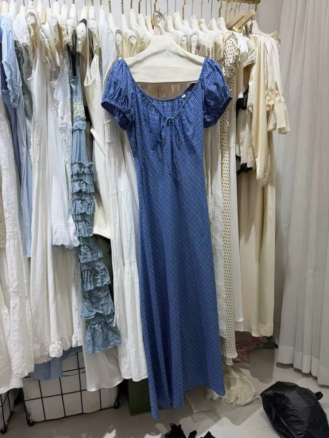 

Summer Women Blue Plaid Long Dress 100% Cotton V-Neck Puff Sleeve High Waist Casual Female Robe