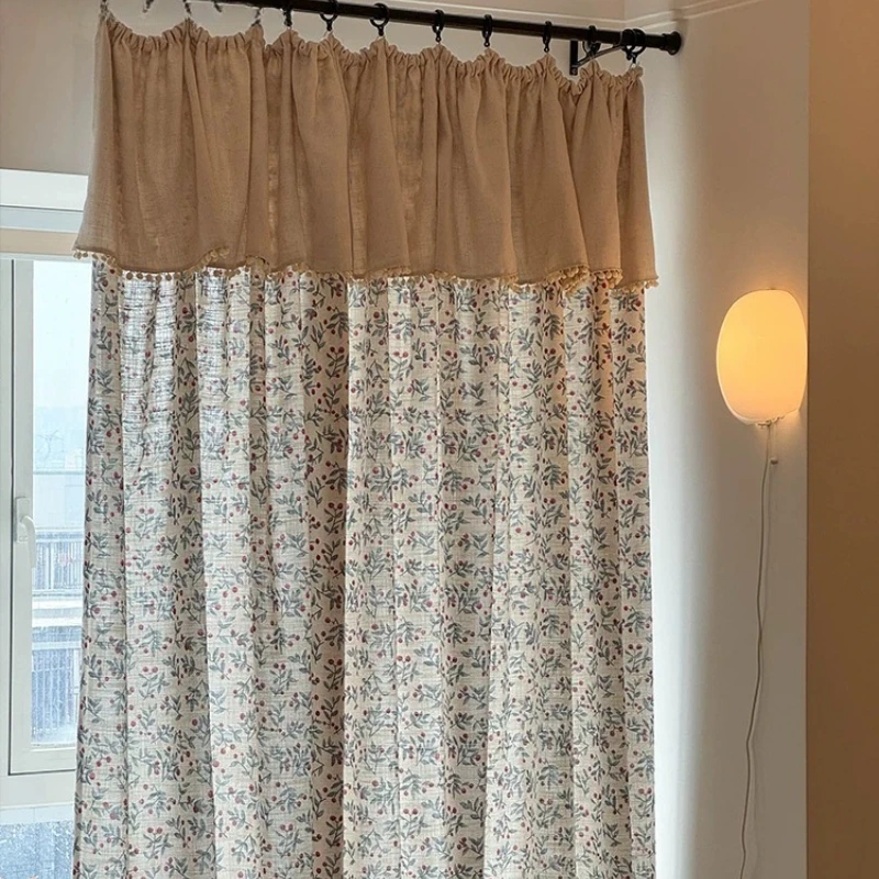 Sea Salt Blue American Printed Cotton and Linen Patched Curtains for Living Room Bedroom French Window Customized Valance