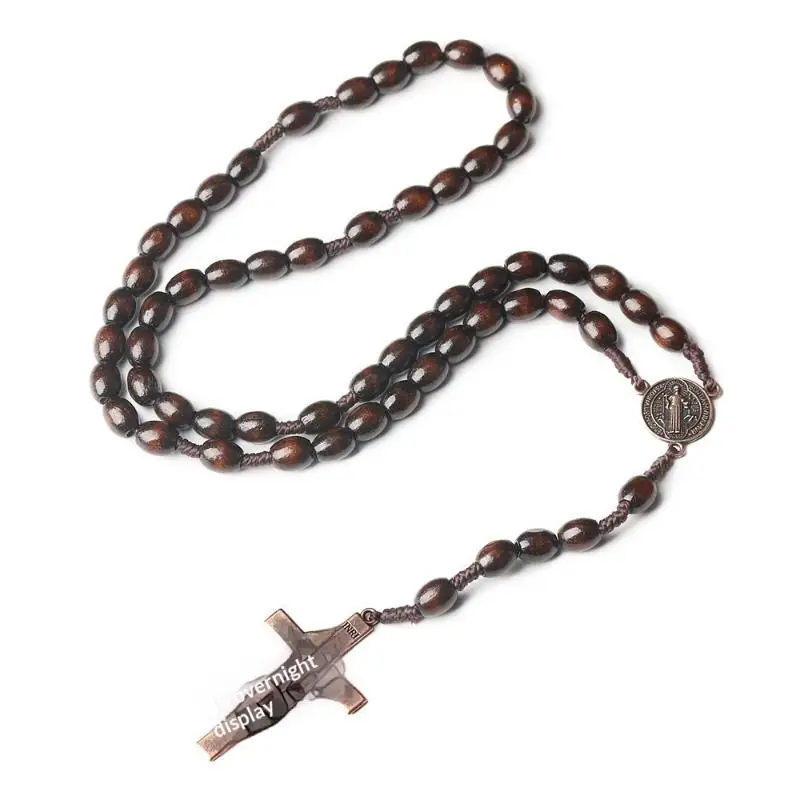 Car Rearview Mirror Decoration Handmade Wood Rosary Necklace with 33 Religious Wood Beads for Spiritual Protection