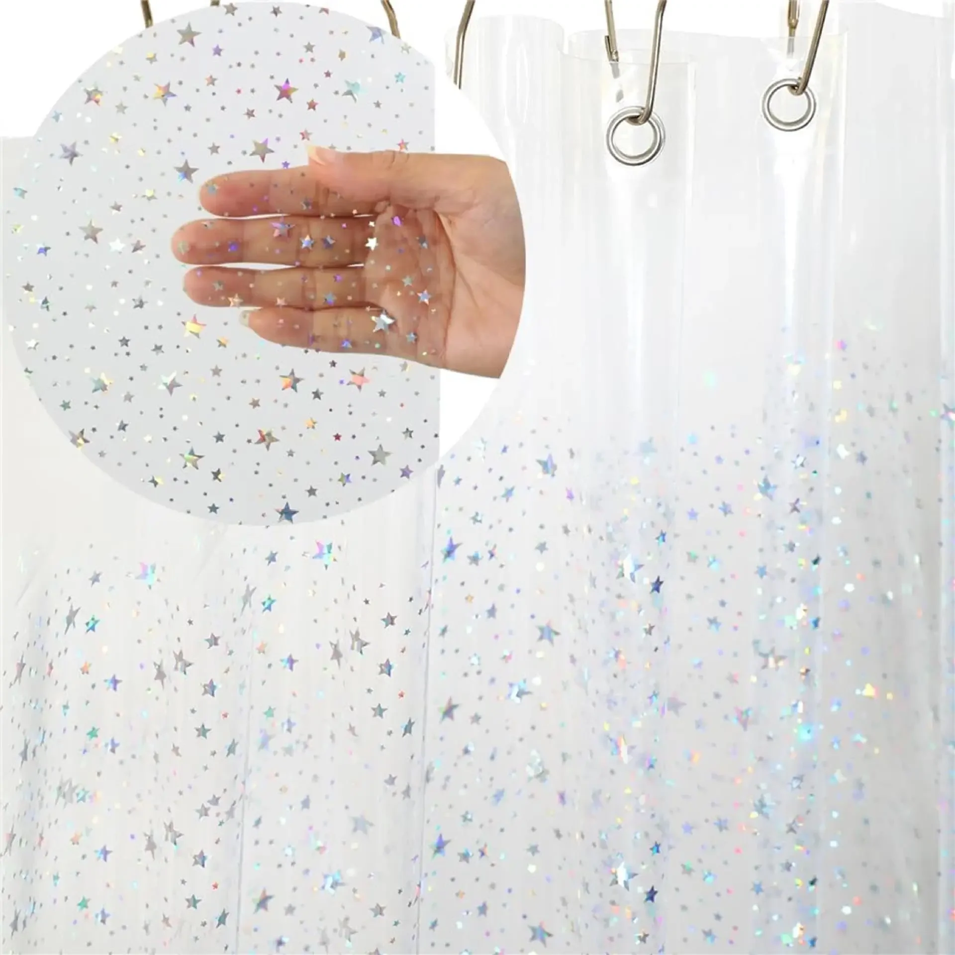 Star Printed Shower Curtain Liner 72Wx72H Inch PEVA Premium Light Weight Iridescent Star Glitter Water Repellent Transparent view 5