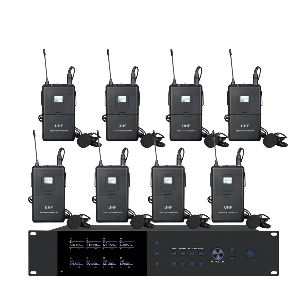 OEM 8-Channel UHF Cordless Metal Handheld Wireless Mics Professional Audio Mic System for Church Karaoke