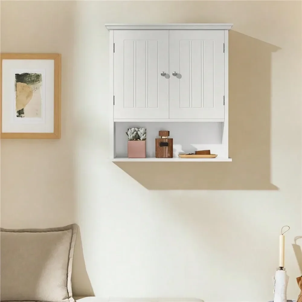 

1PC Living Room WallMounted Cabinet, TwoDoor Wooden Medicine Cabinet With Open Compartment Adjustable Shelf For Bathroom