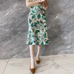 New Spring and Summer Women's Style High Waist Slim Satin Bag Hip Mermaid Printed Elegant Fashion Commuter All-match Skirt