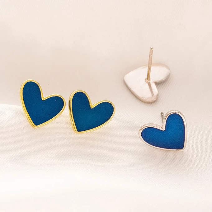 PONYKISS Silver Color Blue Heart Stud Earrings for Women Party Minimalist Cute Fashion Jewelry Accessories in Summer