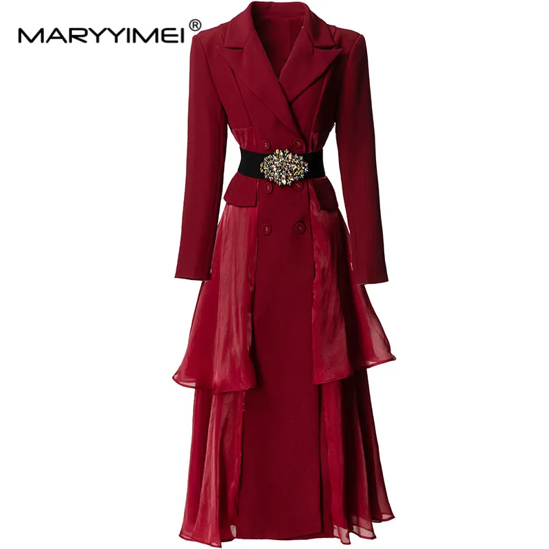 MARYYIMEI Autumn and Winter Women\'s Coat Long Sleeved Notched Double-Breasted Flounced Edge Splicing Fashion Overcoat With Belt