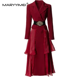 MARYYIMEI Autumn and Winter Women's Coat Long Sleeved Notched Double-Breasted Flounced Edge Splicing Fashion Overcoat With Belt