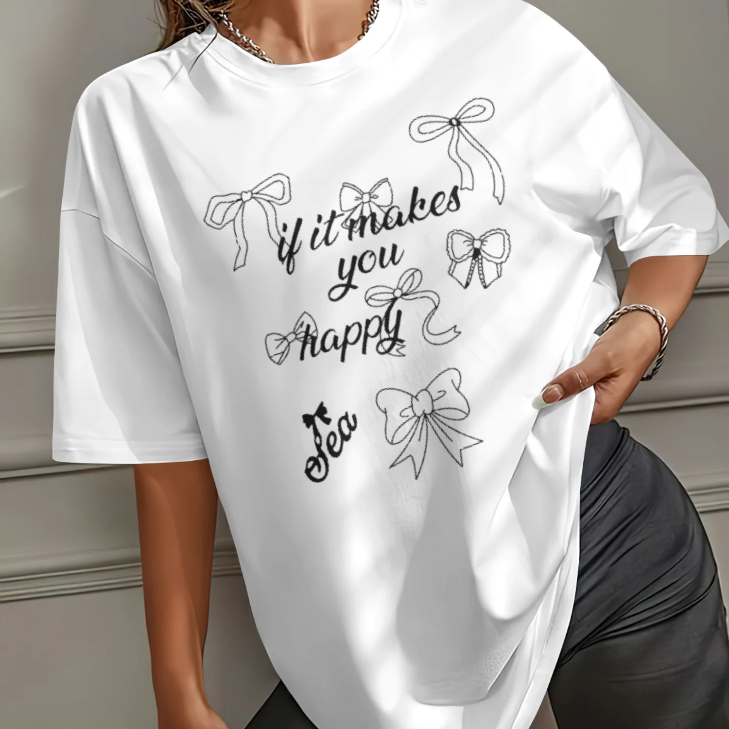 

Happy Tea Style Vintage Bow Print T-Shirts Women Summer Casual Loose Short Sleeve Tees Hipster Cute Aesthetic Astrology Tops