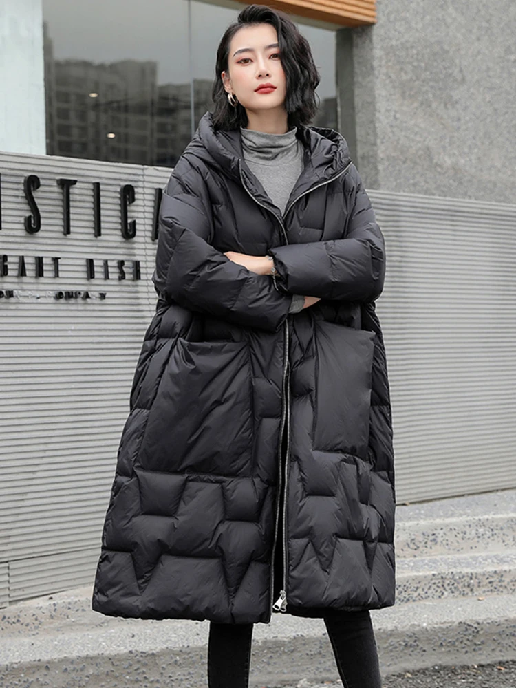 Winter Loose Thick Warm 90% White Duck Down Long Parkas Casual Women Hooded Female Zipper Pocket Down Coat Snow Outwear Coats