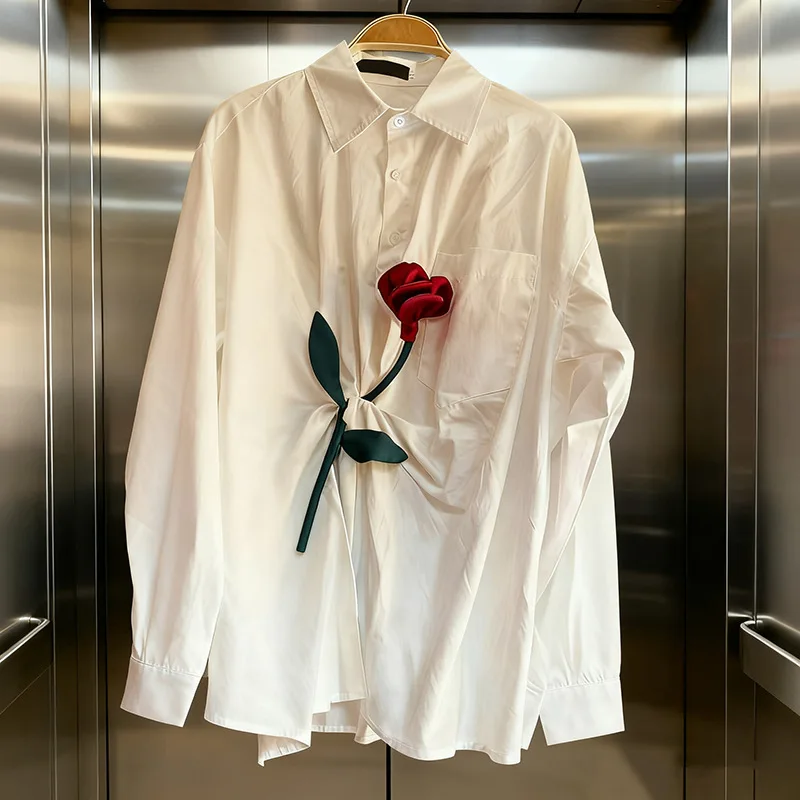 HKSH Primavera Autunno Nuove Donne Camicia Fiore Tridimensionale Gira-giù il Collare Maniche Lunghe Versatile Elegante Moda Top HK16266