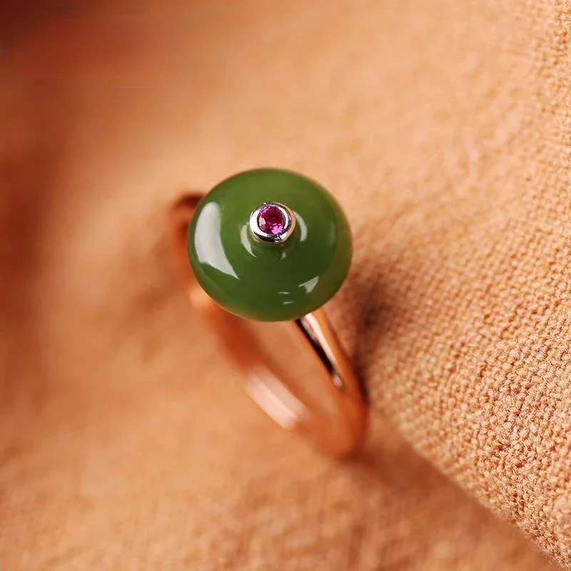 Designer original new rose gold inlaid natural hetian jade jasper opening adjustable ring elegant charm ladies jewelry