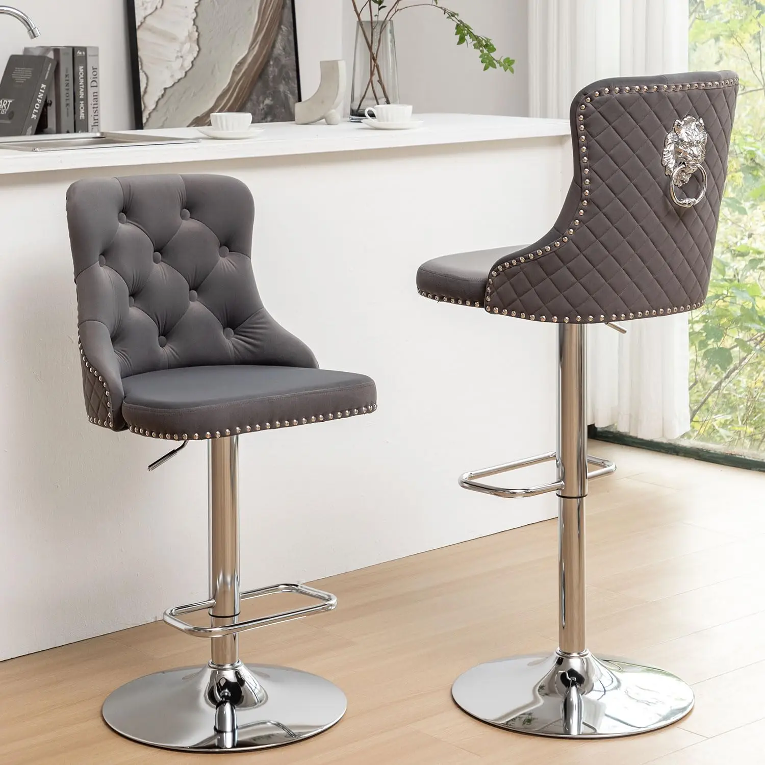 Velvet Bar Stools Set of 2, Counter Height Bar Stools with Nailheads Trim, Pull Ring, Swivel Bar Chairs for Kitchen, Customized