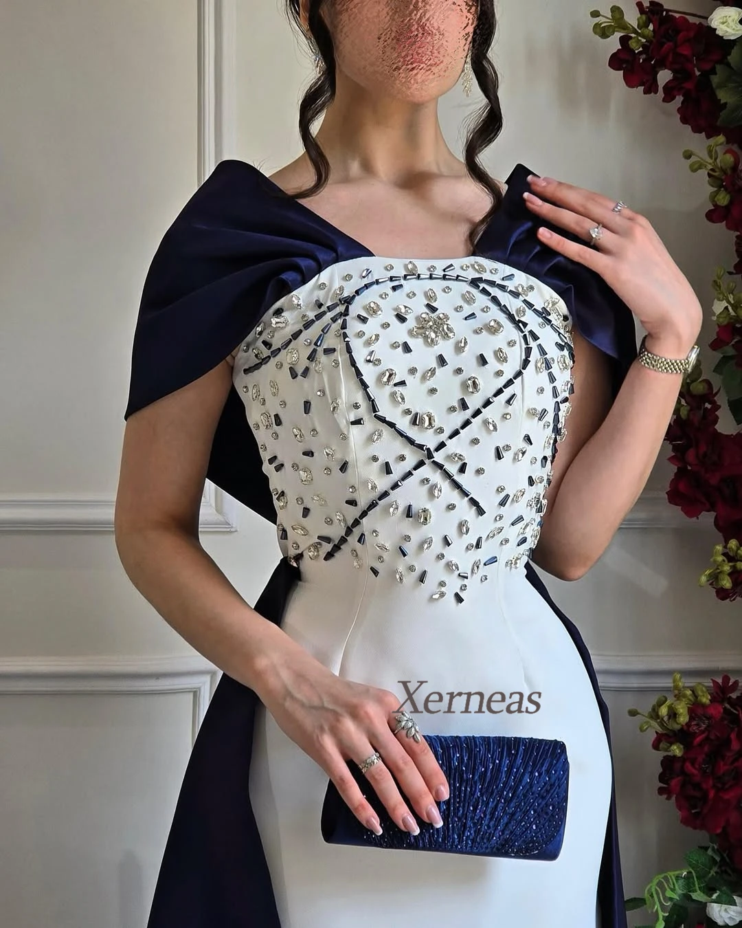 Customized Beaded Crystal Evening Dresses Women Luxury Party Dress Sheath Elegant Long Cocktail Gowns Navy Blue