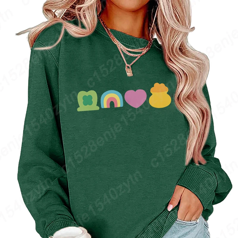 St Patrick's Day Clover Lucky Charm Hoodeless Sweatshirts Women Personality O Neck Pure Color Pullovers Long Sleeves Sweatshirts