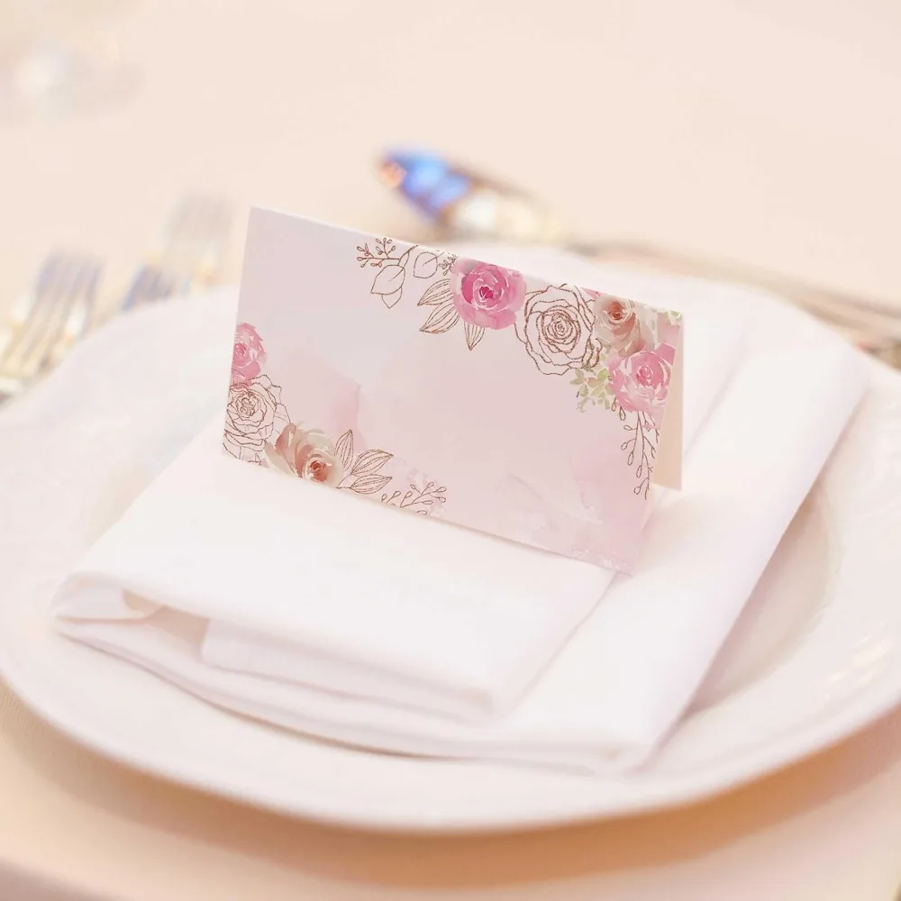 بطاقات مكان الزهور الوردية لإعداد الطاولة، 2 × 3.5 عبوة من 50 بطاقة مكان الزفاف الزهرية، بطاقات اسم الاستقبال الأنيقة، Gol الوردي