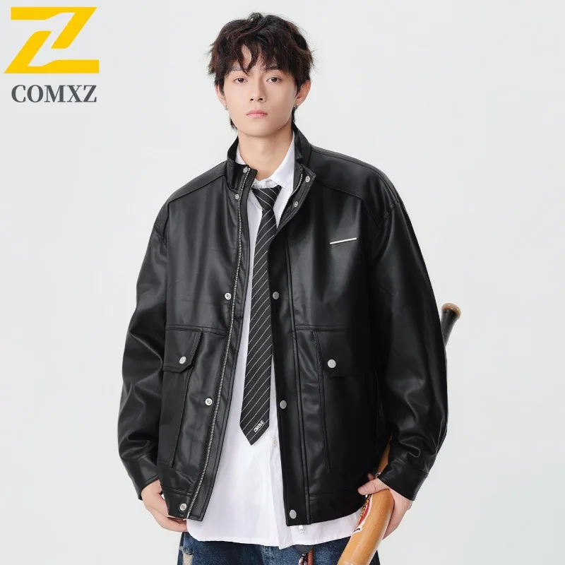 COMXZ 2025 スタンドカラーワークウェアレザージャケット メンズ 秋冬 ビッグポケットワークジャケット トレンド 日本風 ヴィンテージ 価格管理 219