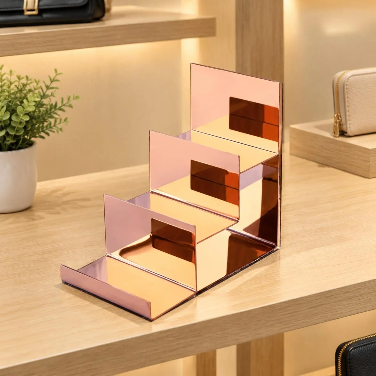 Mirrored Steel Wallet Holder Display Stand 3 Level Rack for Shop Counter Storage of Clutches Small Purses
