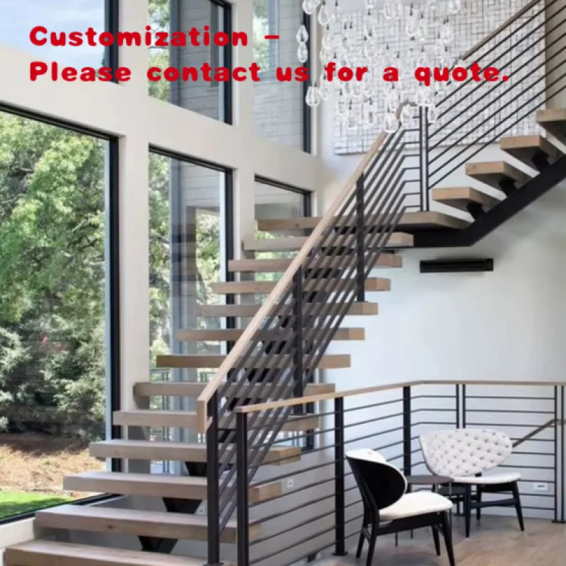 

custom.Interior Mono Stringer Oak Stair Straight Stairs with Metal Railing