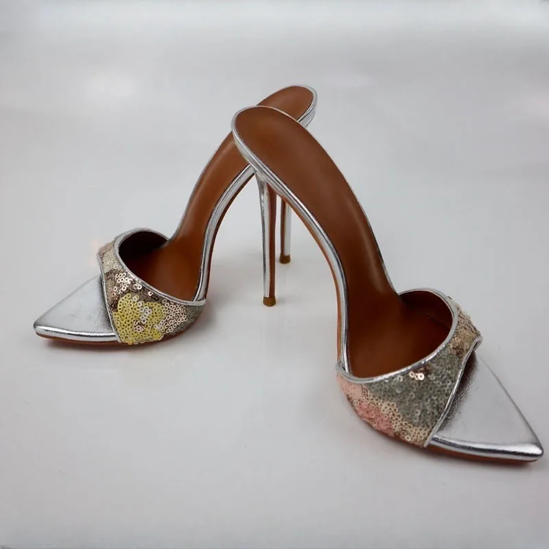 

Glittering Sequin Pointy Toe Mules Shoes Stiletto High Heels Slip On Female Evening Club Dress Shoes Drop Shipping
