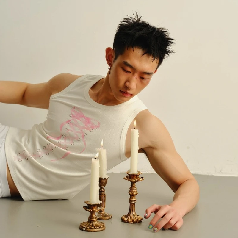 Trendy Strap Bow Print Retro Sexy Boys Cute Original Stretch Vests Male Stylish Color Matching Tops Fashion Sleeveless Tank Tops