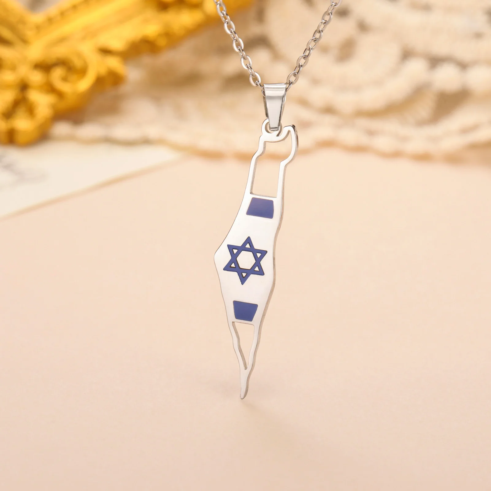 EUEAVAN إسرائيل فلسطين خريطة القلائد للنساء الرجال الفولاذ المقاوم للصدأ العبرية نجمة داود قلادة اليهودية مجوهرات هدايا بالجملة