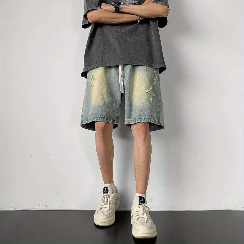 

Men's Summer Embroidery Denim Shorts with Elastic Waistband for Outdoor Activities and Mid-Length High Street Fashion Wear