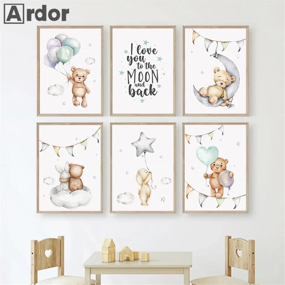 Star Moon Balloon Cloud Posters Cartoon Bear Wall Art Canvas Print Nursery Painting Poster Nordic Wall Pictures Kids Room Decor
