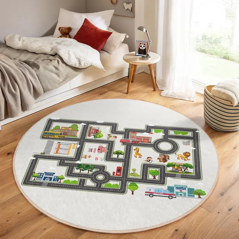 Roadway Toddler Room Round Rug - Outdoor Adventure For Toddlers 评论和价格