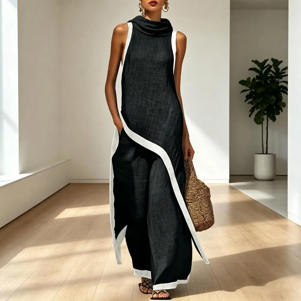 Breathable Set Women Two-piece Suit Women Color Block Two-piece Outfit Cotton Linen Mock Neck Top Wide-leg Pants for Vacation