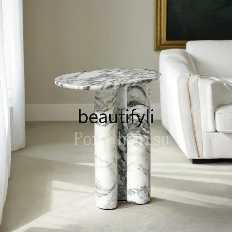 

Italian minimalist large white natural marble sofa edge, light luxury villa bedside corner