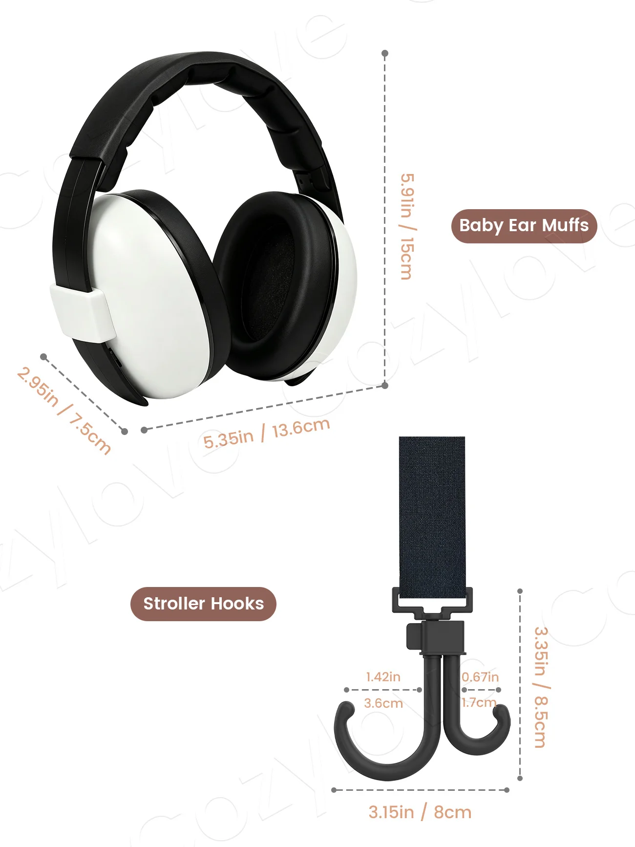 Baby Ear Muffs Noise Protection with Stroller Hooks Set Adjustable Infant Ear Defenders for Multi-purpose Stroller Bag Holder
